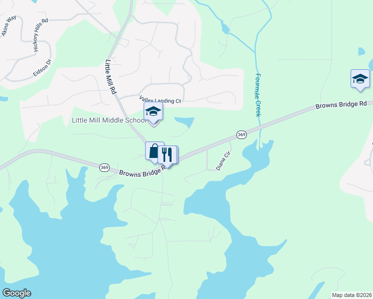 map of restaurants, bars, coffee shops, grocery stores, and more near 6813-6923 Browns Bridge Road in Gainesville