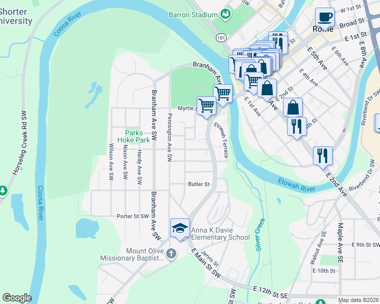 map of restaurants, bars, coffee shops, grocery stores, and more near 101 Cherokee Street Southwest in Rome