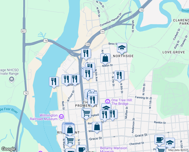 map of restaurants, bars, coffee shops, grocery stores, and more near 414 Swann Street in Wilmington