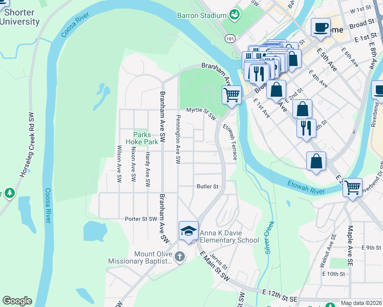 map of restaurants, bars, coffee shops, grocery stores, and more near 101 Cherokee Street Southwest in Rome