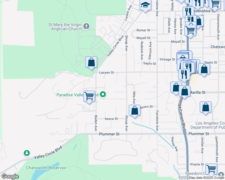 map of restaurants, bars, coffee shops, grocery stores, and more near 22455 Pacific Oak Drive in Los Angeles