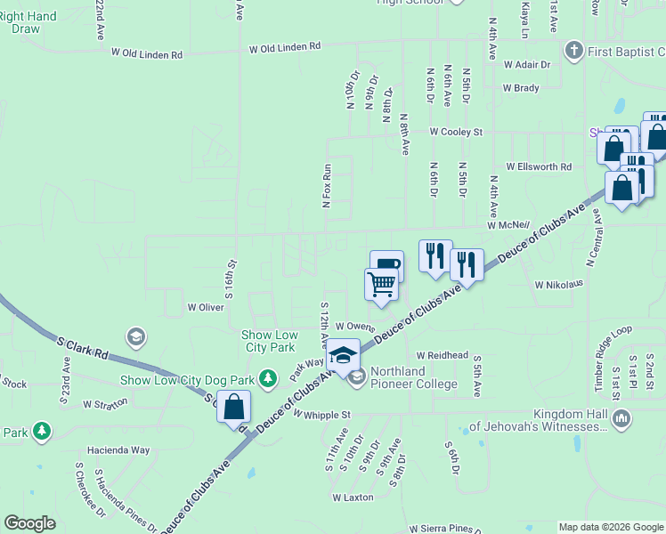 map of restaurants, bars, coffee shops, grocery stores, and more near 200 South 11th Avenue in Show Low