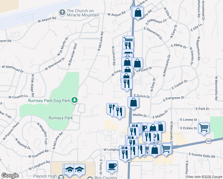 map of restaurants, bars, coffee shops, grocery stores, and more near 602 North Colcord Road in Payson