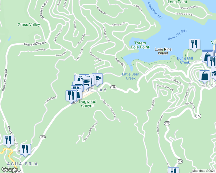 map of restaurants, bars, coffee shops, grocery stores, and more near 27403 California 189 in Lake Arrowhead