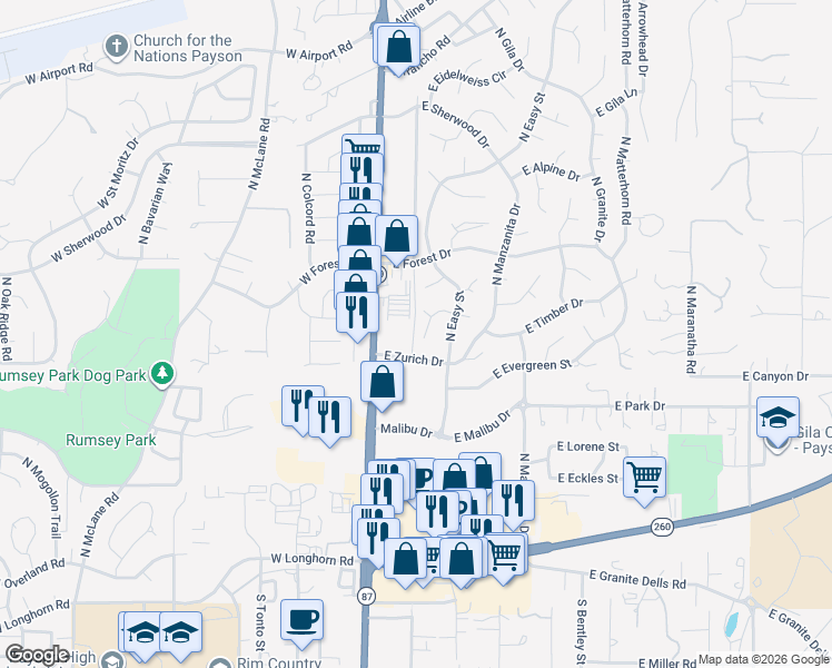 map of restaurants, bars, coffee shops, grocery stores, and more near 602 North Ponderosa Circle in Payson