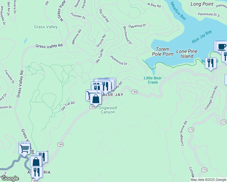 map of restaurants, bars, coffee shops, grocery stores, and more near 27321 North Bay Road in Lake Arrowhead