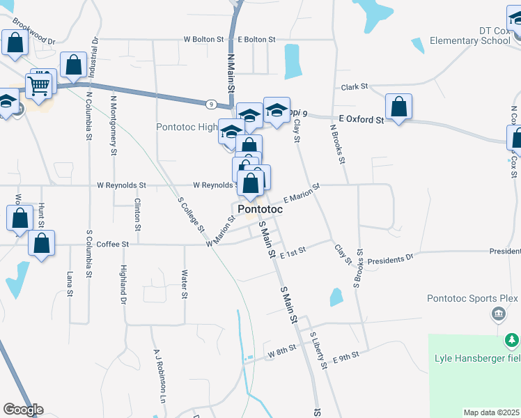 map of restaurants, bars, coffee shops, grocery stores, and more near in Pontotoc