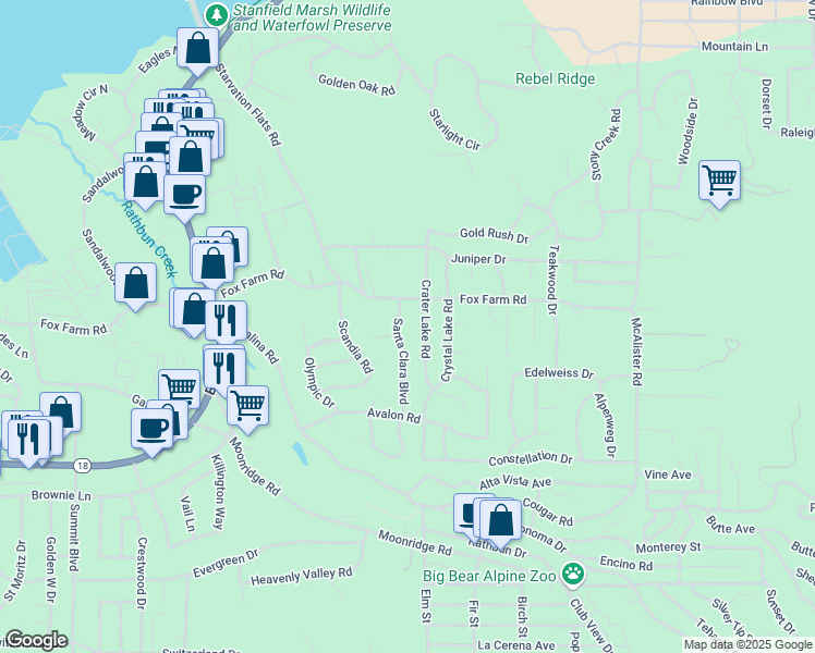 map of restaurants, bars, coffee shops, grocery stores, and more near 243 Santa Clara Boulevard in Big Bear Lake