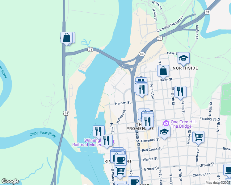 map of restaurants, bars, coffee shops, grocery stores, and more near 100 Cowan Street in Wilmington