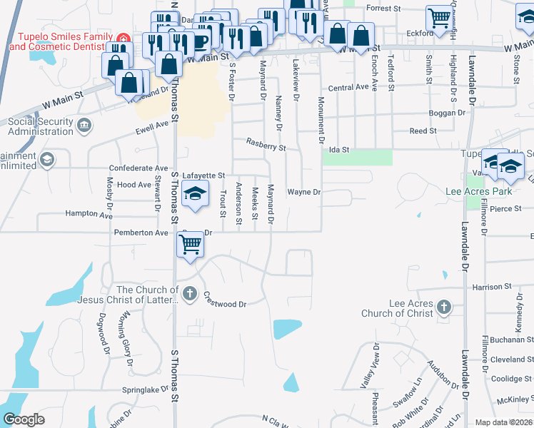 map of restaurants, bars, coffee shops, grocery stores, and more near 600-698 Meeks St in Tupelo