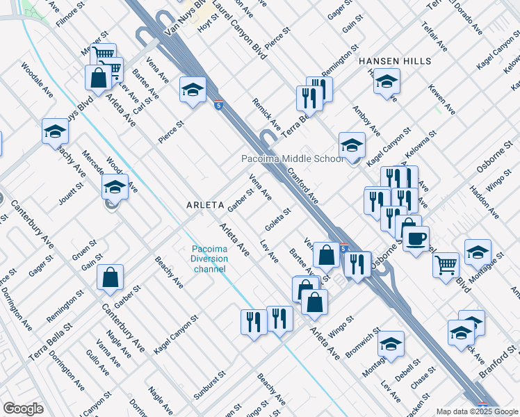 map of restaurants, bars, coffee shops, grocery stores, and more near 13575 Glamis Street in Los Angeles