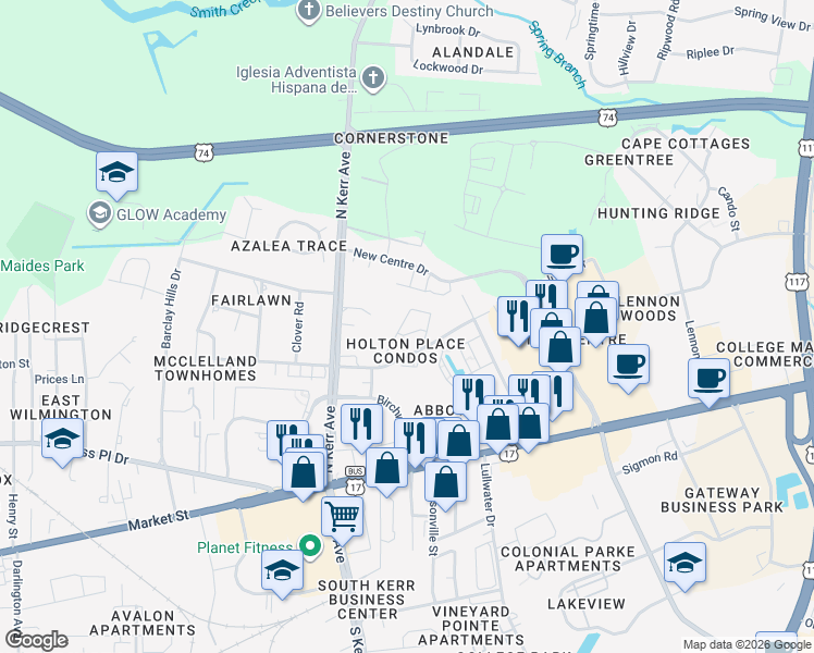 map of restaurants, bars, coffee shops, grocery stores, and more near 4611 McClelland Drive in Wilmington