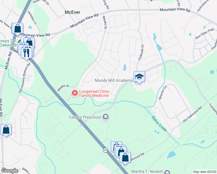 map of restaurants, bars, coffee shops, grocery stores, and more near 4711 Sweet Water Drive in Gainesville
