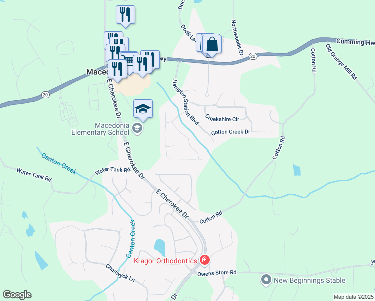 map of restaurants, bars, coffee shops, grocery stores, and more near 4018 Creekshire Trail in Canton