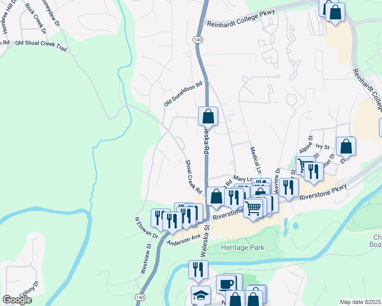 map of restaurants, bars, coffee shops, grocery stores, and more near 320 Shoal Creek Road in Canton