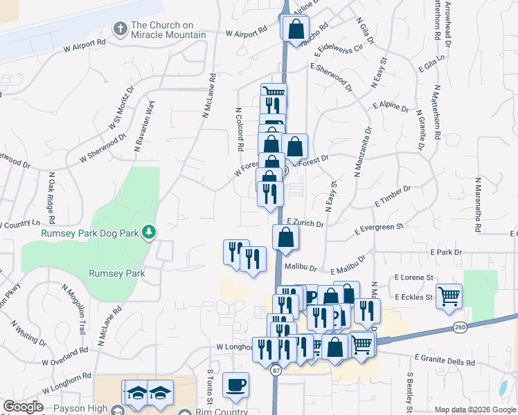 map of restaurants, bars, coffee shops, grocery stores, and more near 102 West Pinon Circle in Payson