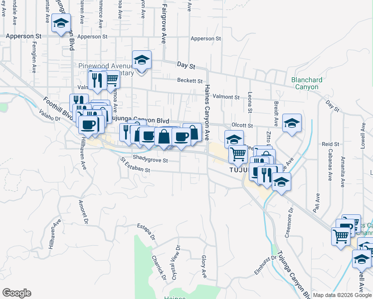 map of restaurants, bars, coffee shops, grocery stores, and more near 6855 Foothill Boulevard in Los Angeles