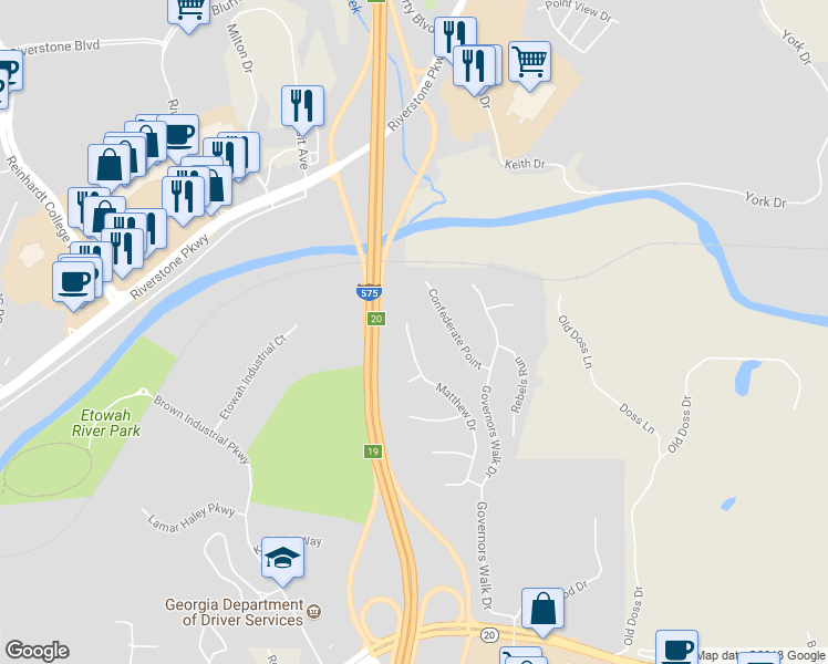 map of restaurants, bars, coffee shops, grocery stores, and more near 558 Matthew Drive in Canton