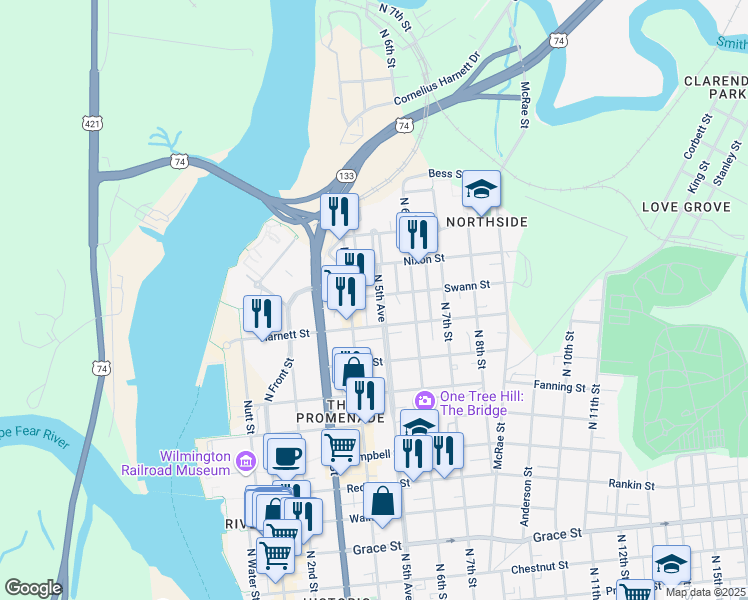 map of restaurants, bars, coffee shops, grocery stores, and more near 414 Swann Street in Wilmington