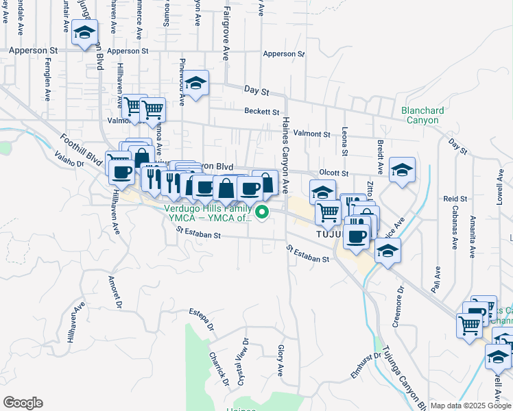 map of restaurants, bars, coffee shops, grocery stores, and more near 6847 Foothill Boulevard in Los Angeles