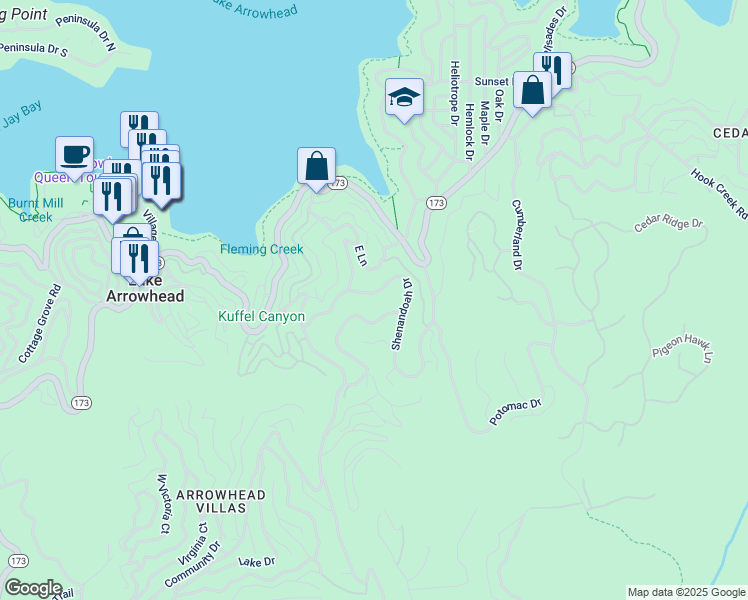 map of restaurants, bars, coffee shops, grocery stores, and more near 28589 Shenandoah Drive in Lake Arrowhead