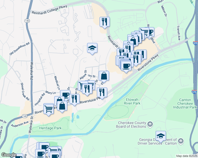 map of restaurants, bars, coffee shops, grocery stores, and more near 438 Center Street in Canton