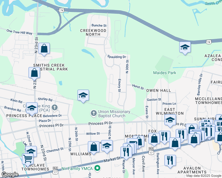 map of restaurants, bars, coffee shops, grocery stores, and more near 2541 Princess Place Drive in Wilmington