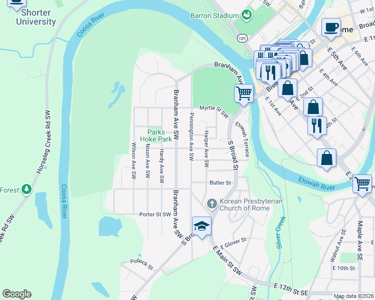 map of restaurants, bars, coffee shops, grocery stores, and more near 300 Pennington Avenue Southwest in Rome