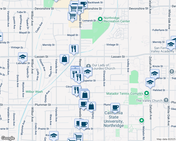 map of restaurants, bars, coffee shops, grocery stores, and more near 18420 Kinzie Street in Los Angeles