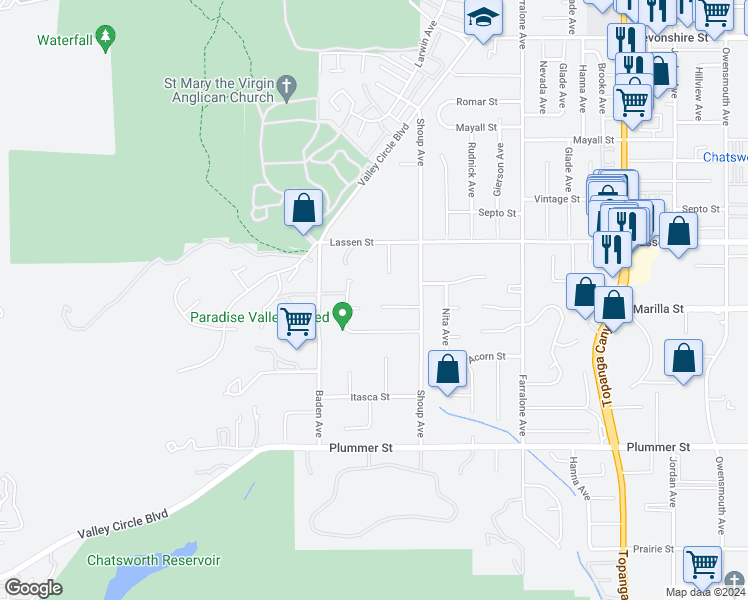 map of restaurants, bars, coffee shops, grocery stores, and more near 22455 Pacific Oak Drive in Los Angeles