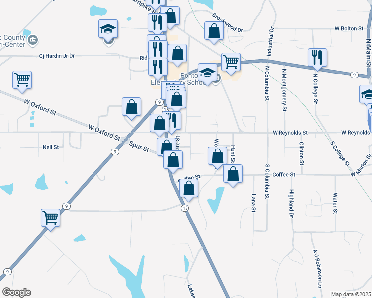 map of restaurants, bars, coffee shops, grocery stores, and more near 305 Earl Street in Pontotoc