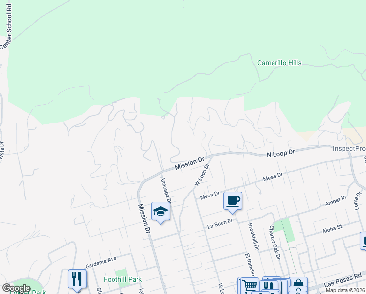 map of restaurants, bars, coffee shops, grocery stores, and more near 542 San Clemente Way in Camarillo