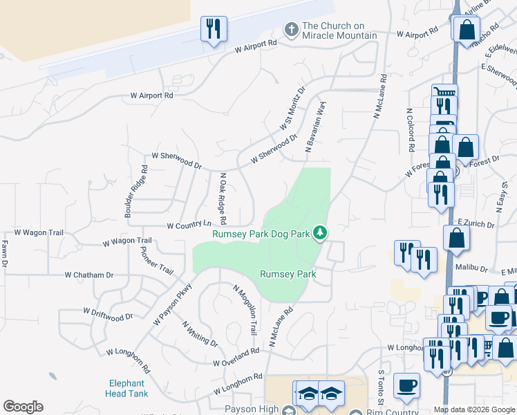 map of restaurants, bars, coffee shops, grocery stores, and more near 509 North Wood Hill Road in Payson