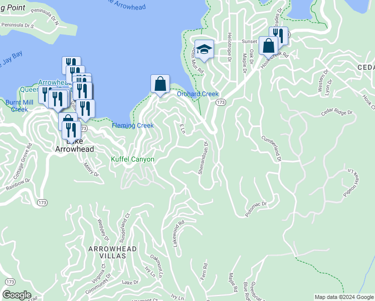 map of restaurants, bars, coffee shops, grocery stores, and more near 28589 Shenandoah Drive in Lake Arrowhead