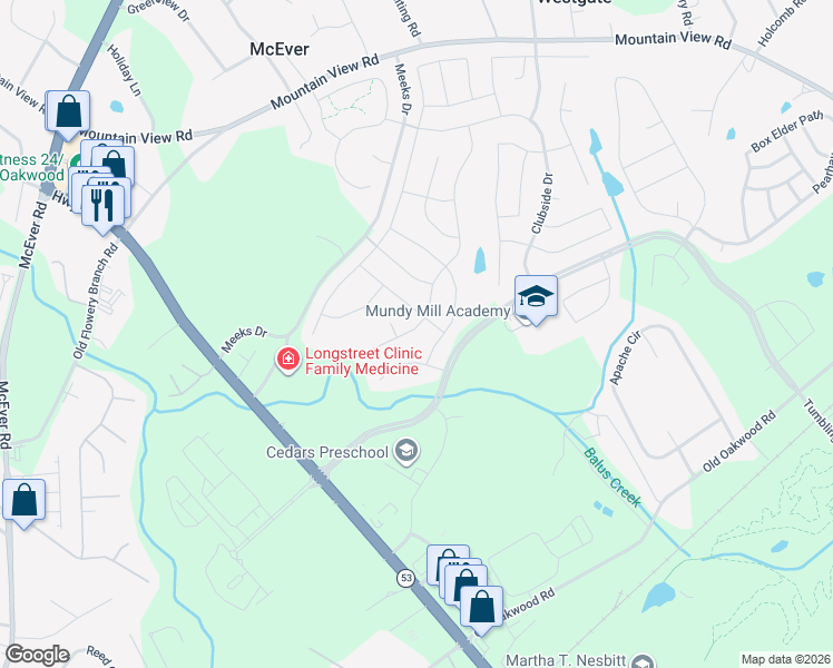 map of restaurants, bars, coffee shops, grocery stores, and more near 4711 Sweet Water Drive in Gainesville