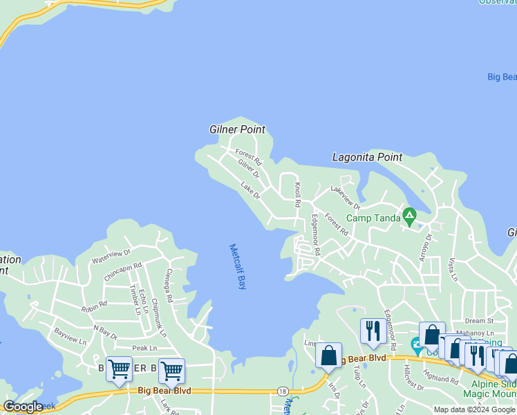 map of restaurants, bars, coffee shops, grocery stores, and more near 39583 Lake Drive in Big Bear Lake