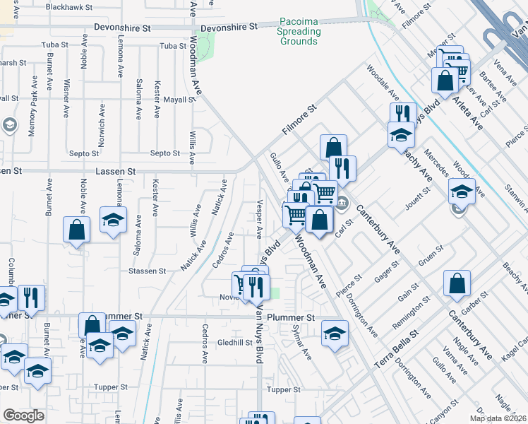 map of restaurants, bars, coffee shops, grocery stores, and more near 9800 Vesper Avenue in Los Angeles