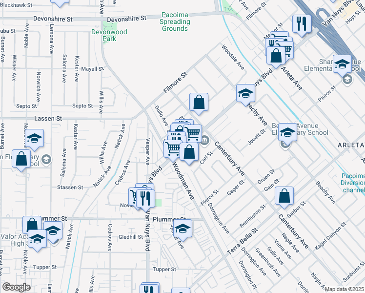 map of restaurants, bars, coffee shops, grocery stores, and more near 14431 Van Nuys Boulevard in Los Angeles