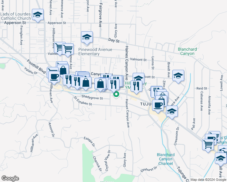 map of restaurants, bars, coffee shops, grocery stores, and more near 6855 Foothill Boulevard in Los Angeles