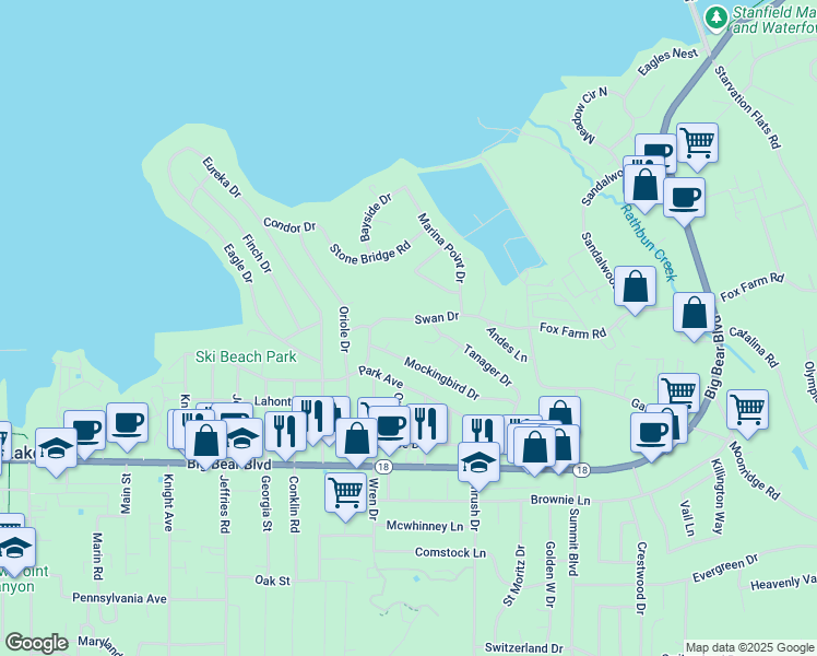 map of restaurants, bars, coffee shops, grocery stores, and more near 41583 Swan Drive in Big Bear Lake