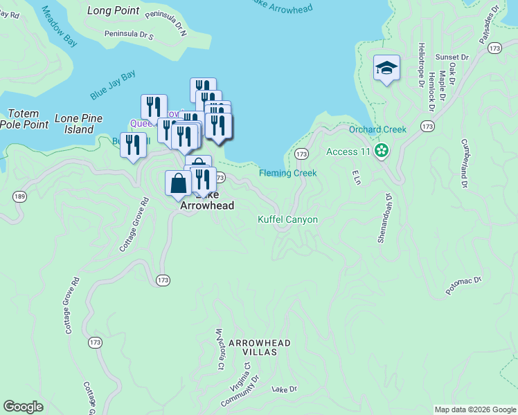 map of restaurants, bars, coffee shops, grocery stores, and more near 290 Flower Drive in Lake Arrowhead