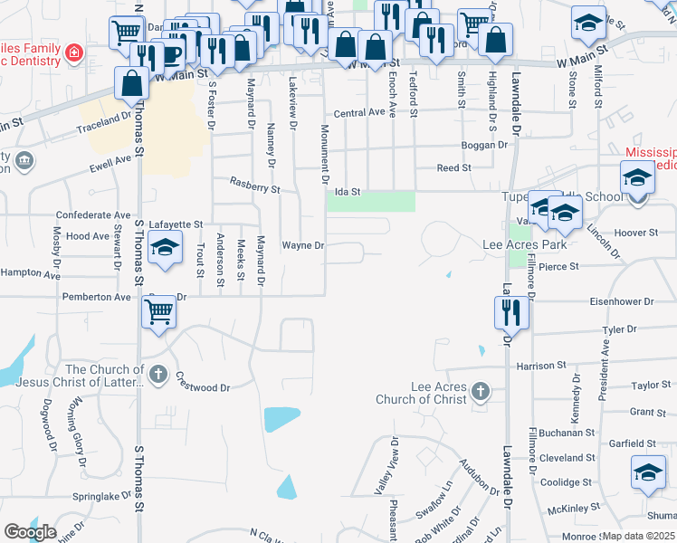 map of restaurants, bars, coffee shops, grocery stores, and more near 400 Monument Drive in Tupelo