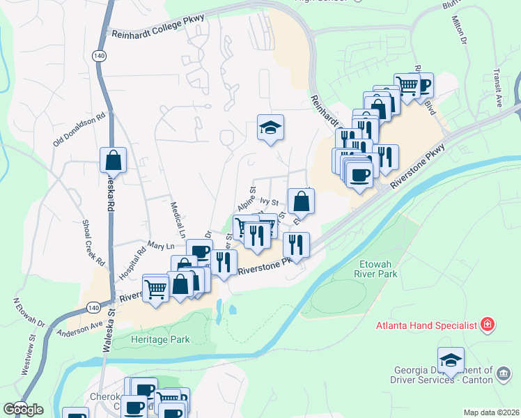map of restaurants, bars, coffee shops, grocery stores, and more near 321 Birch Street in Canton