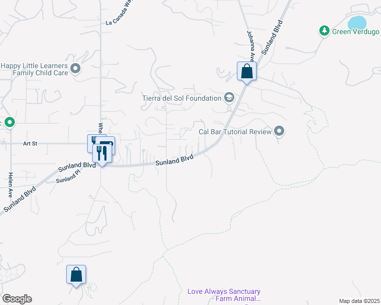 map of restaurants, bars, coffee shops, grocery stores, and more near 9819 Sunland Boulevard in Los Angeles