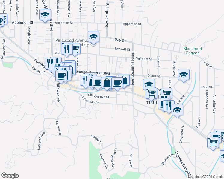 map of restaurants, bars, coffee shops, grocery stores, and more near 6923 Foothill Boulevard in Los Angeles