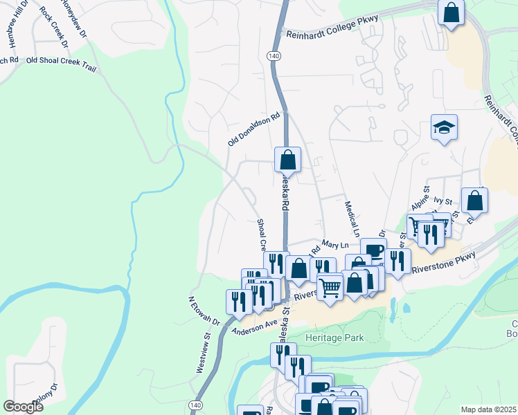 map of restaurants, bars, coffee shops, grocery stores, and more near 320 Shoal Creek Road in Canton