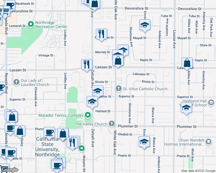 map of restaurants, bars, coffee shops, grocery stores, and more near 17726 Kinzie Street in Los Angeles