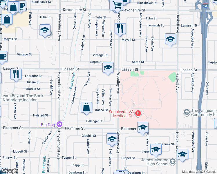 map of restaurants, bars, coffee shops, grocery stores, and more near 9749 Swinton Avenue in Los Angeles