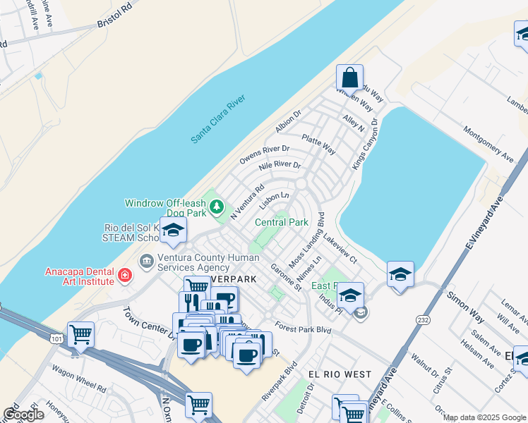 map of restaurants, bars, coffee shops, grocery stores, and more near 3146 Lisbon Lane in Oxnard