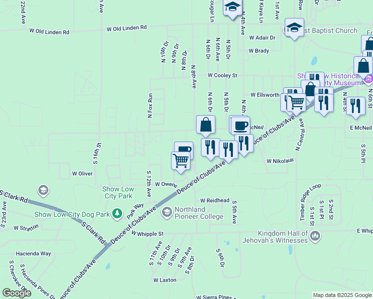 map of restaurants, bars, coffee shops, grocery stores, and more near 70 South 9th Avenue in Show Low